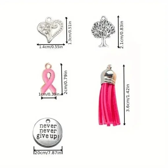 Breast Cancer Awareness Handbag Charm Set Keychain  "Never Give Up" Pink Ribbon - Picture 5 of 6